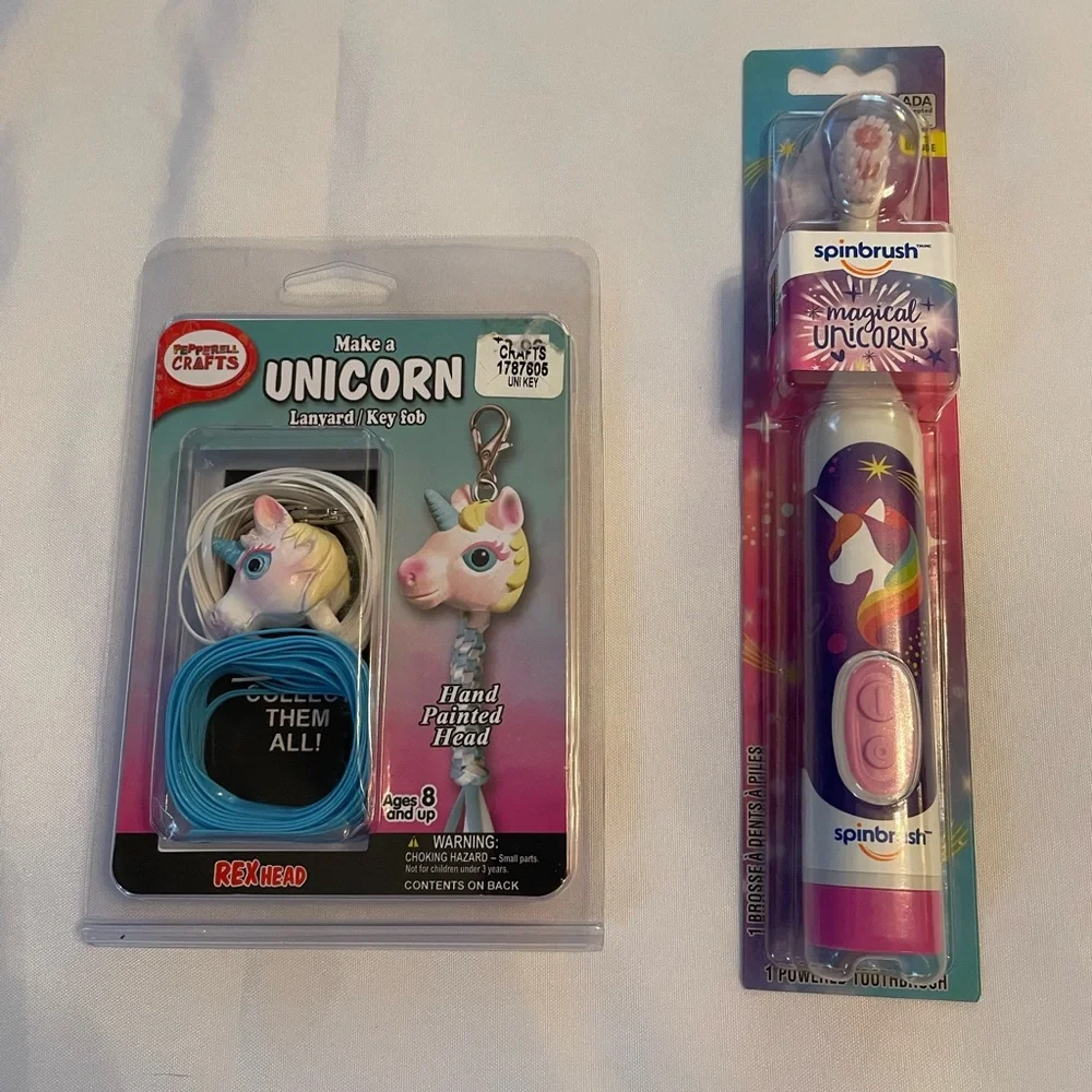 Spinbrush Magical Unicorn Electric Toothbrush + Unicorn Lanyard/Key Fob Kit, NWT